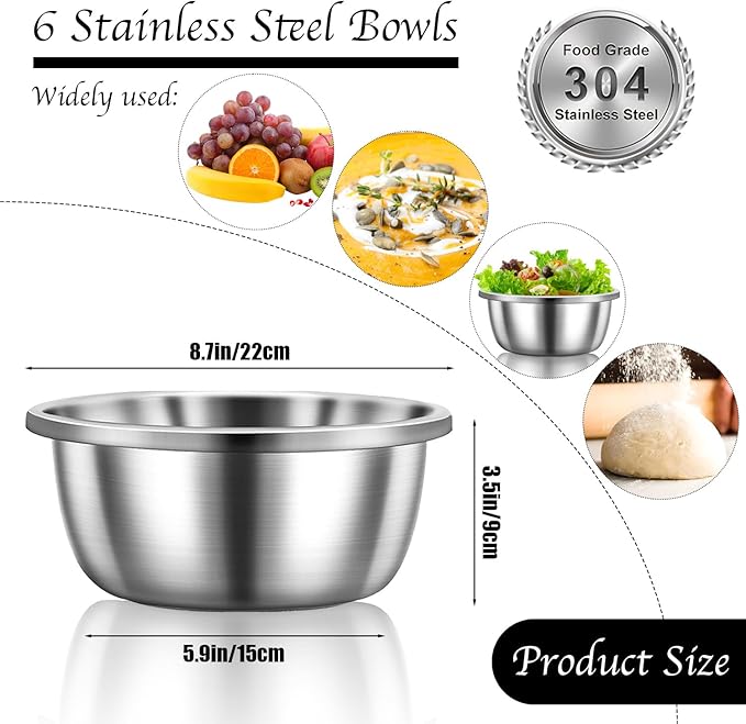 Stainless Steel Mixing Bowls, 6 Pack 2 Quart Stainless Steel Bowls Metal Mixing Bowls For Meal Prepping, Cooking, Baking