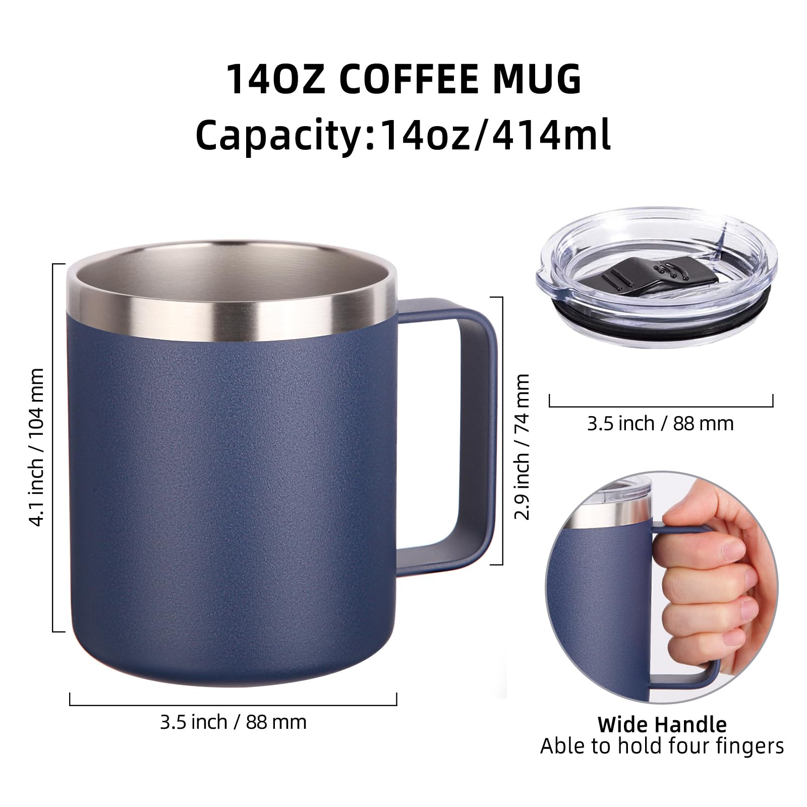 Volhoply 14oz Insulated Stainless Steel Coffee Mug with Lid Bulk 8 Pack,Double Wall Vacuum Travel Coffee Cup with Handle,Reusable Metal Cups Tumbler,Camping Mugs Keep Hot,Ideal Gifts(Navy,8)