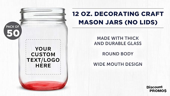 DISCOUNT PROMOS Custom Decorating Mason Jars 12 oz. Set of 50, Personalized Bulk Pack - Glass Jars for Overnight Oats, Candies, Fruits, Pickles, Spices, Beverages - Red