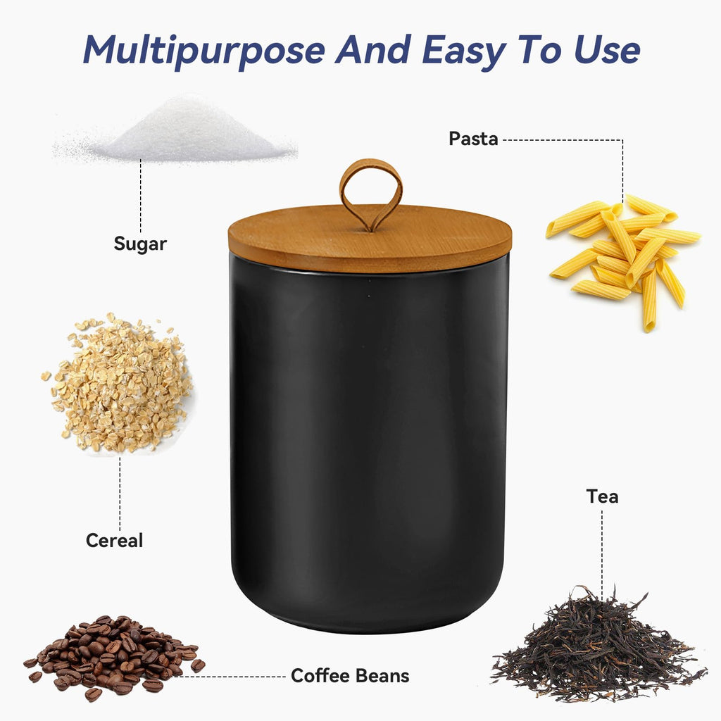 Jueison Ceramic Storage Jars, Modern Airtight Canisters with Wooden Lid (Black tuba)