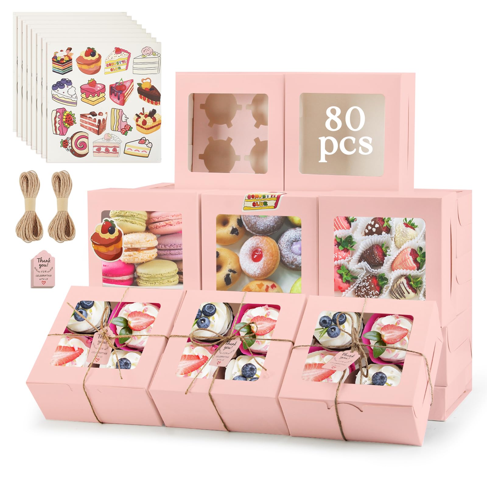 OAMCEG 80 Pack Cupcake Boxes with Window, 6x6x3 Inches Cookie Boxes, Bakery Treat Boxes for Pastry, Desserts, Chocolate Strawberries, Cupcake Containers, Gift Giving with Stickers & Twine （Pink）
