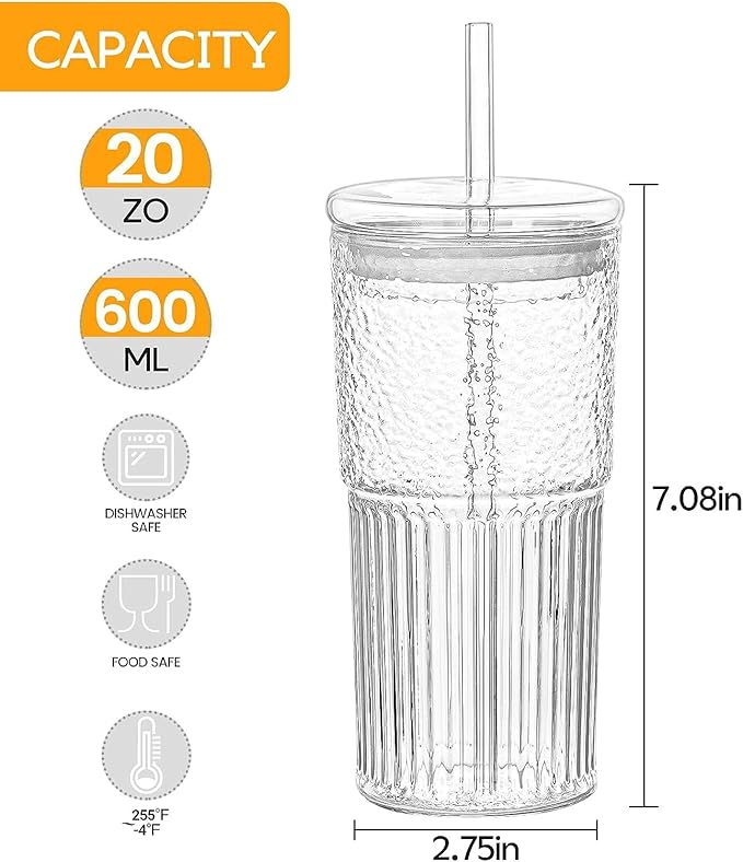 Glass Cups With Lids and Glass Straws，20 OZ 4pcs High Borosilicate Glass Tumbler Iced Coffee Water Smoothie