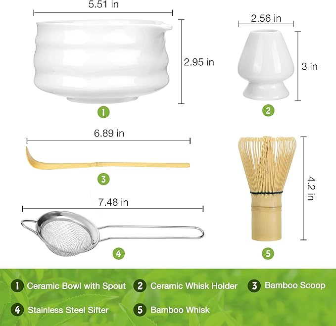 Marce Matcha Whisk Set- Matcha Set includes Matcha Whisk and Bowl with Spout, Sifter, Holder and Scoop- The Perfect Bamboo Whisk for Matcha Tea (White)