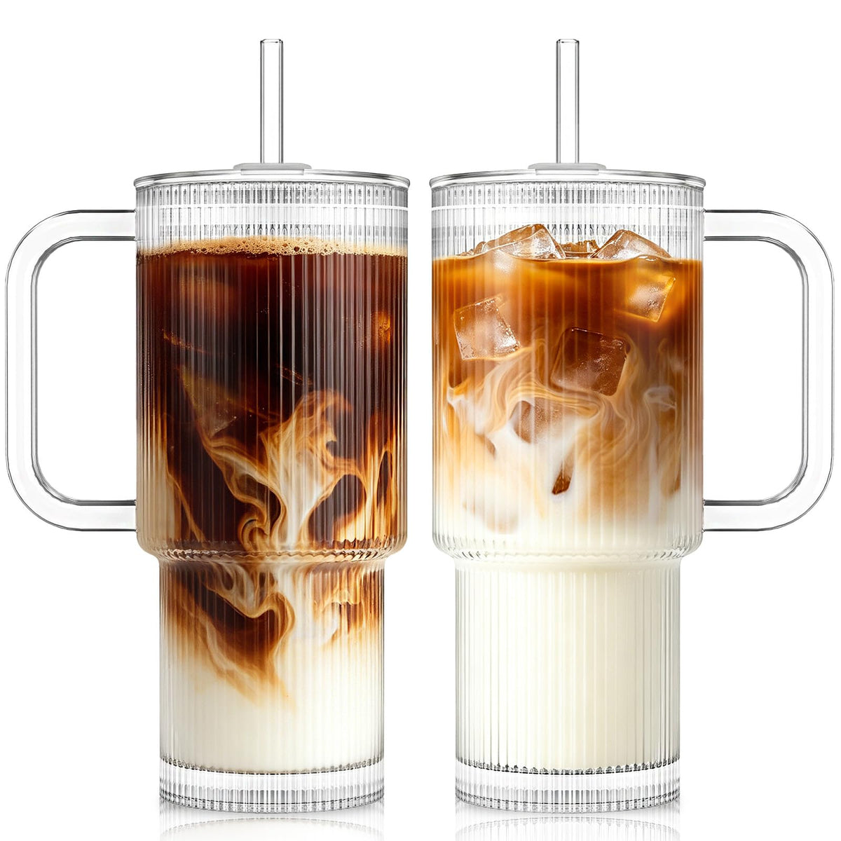 KEMORELA 24oz Ribbed Glass Tumbler with Handle & Lid – 2-Pack iced coffee cups with lids reusable, Coffee Bar Accessories for Cold & Hot Beverages, Aesthetic Travel Cup for Smoothies, Tea, and Juice