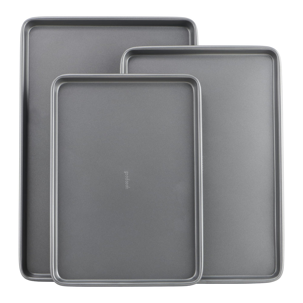 GoodCook Everyday Nonstick Baking Sheet Set, 3 Pack Includes Small (13×9) Medium (15×1) and Large (17×11) Pans Carbon Steel Construction Cookie Sheets Bakeware Set, Gray