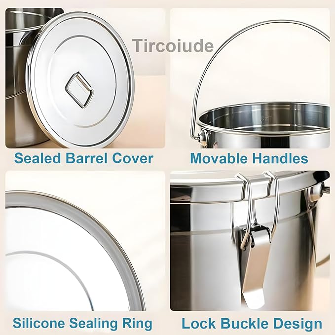 304 Stainless Steel Kitchen Airtight Canister, 12L 3.1 gal Rice Oil Food Storage Bucket Transport Can with andles Airtight Lid for Rice Flour Grain Coffee Bean Pail Container