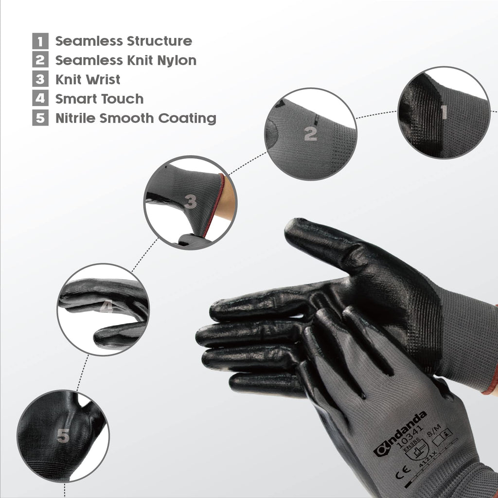 ANDANDA 12 Pairs Work Gloves, Smart Touch, 3D Comfort Stretch Fit, Nitrile Coated Work Gloves with Grip, Seamless Knit Nylon Work Gloves Men Suitable for Warehousing, Logistics, Handling, Black（M）