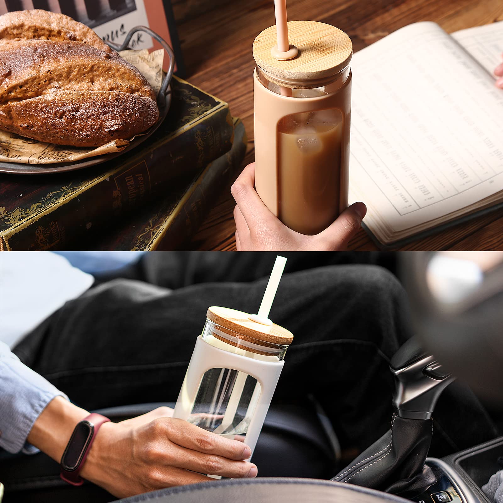 Kodrine 20oz Glass Water Tumbler with Straw and Lid, Bamboo Lids Water Bottle, Iced Coffee Cup Reusable, Wide Mouth Smoothie Cups with Protective Silicone Sleeve BPA FREE-Light Green