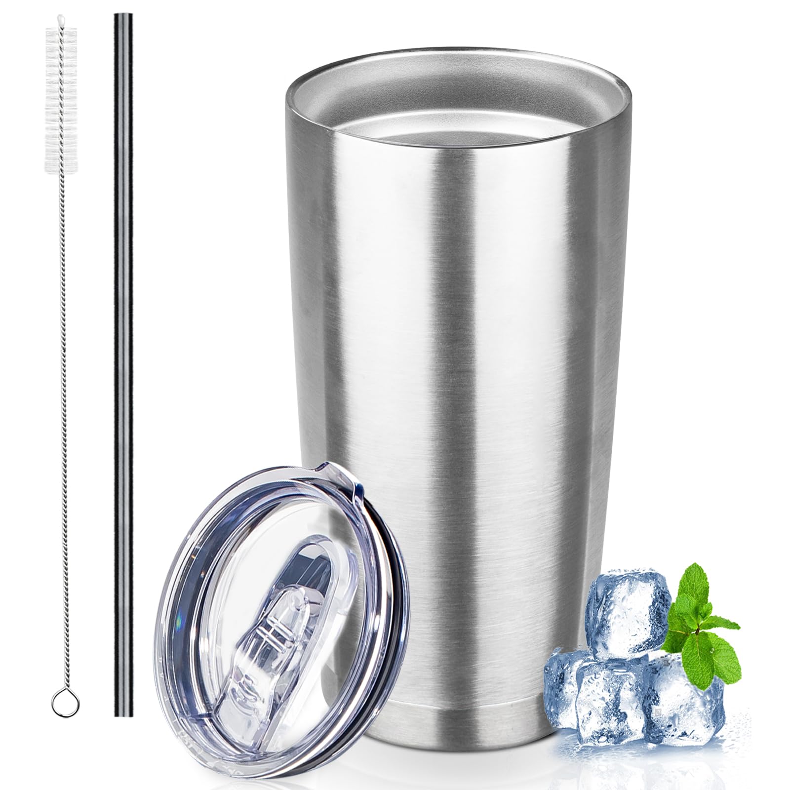 GUDEMAO 20 oz Tumbler with Lids and Straws, Stainless Steel Insulated Coffee Tumbler, Double Wall Vacuum Insulated Travel Mug Cup, Leakproof Thermal Coffee Cup for Hot and Cold Drinks (Silver)