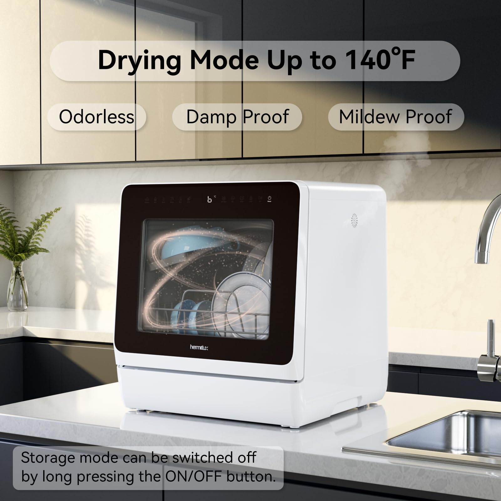 Hermitlux Countertop Dishwasher, 7 Washing Programs Portable Dishwasher