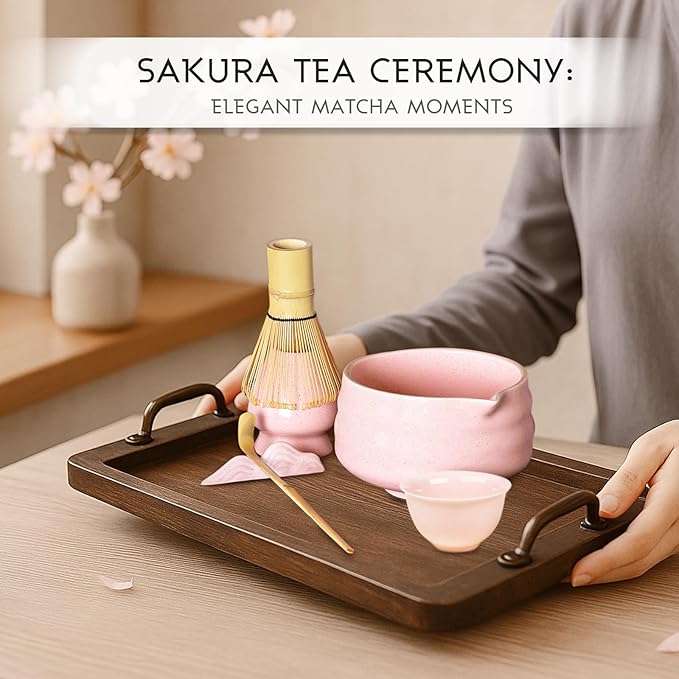Pink Matcha Set, 8 Pcs Matcha Whisk Set with Porcelain Sakura Tea Cup, Matcha Bowl, Whisk and Holder, Bamboo Scoop, Scoop Rest, Sifter, Tea Mat - Gift for Matcha Lover