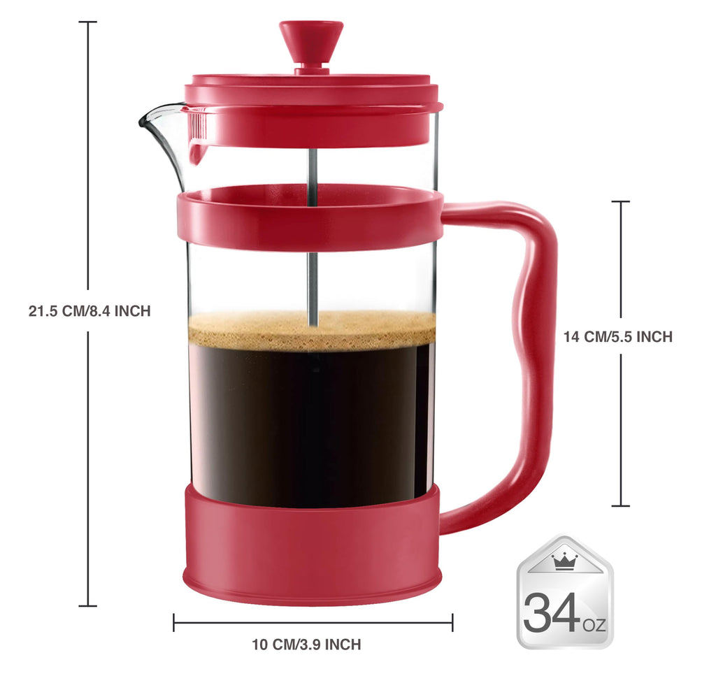 Utopia Kitchen Borosilicate Glass French Press Coffee Maker 34 Oz, Red