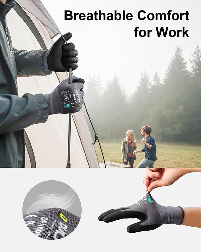 DULFINE Safety Work Gloves MicroFoam Nitrile Coated-6 Pairs Pack,Seamless Knit Nylon Glove with Black Micro-Foam Nitrile Grip,Ideal for General Purpose,Automotive,Home Improvement,Painting(Medium)