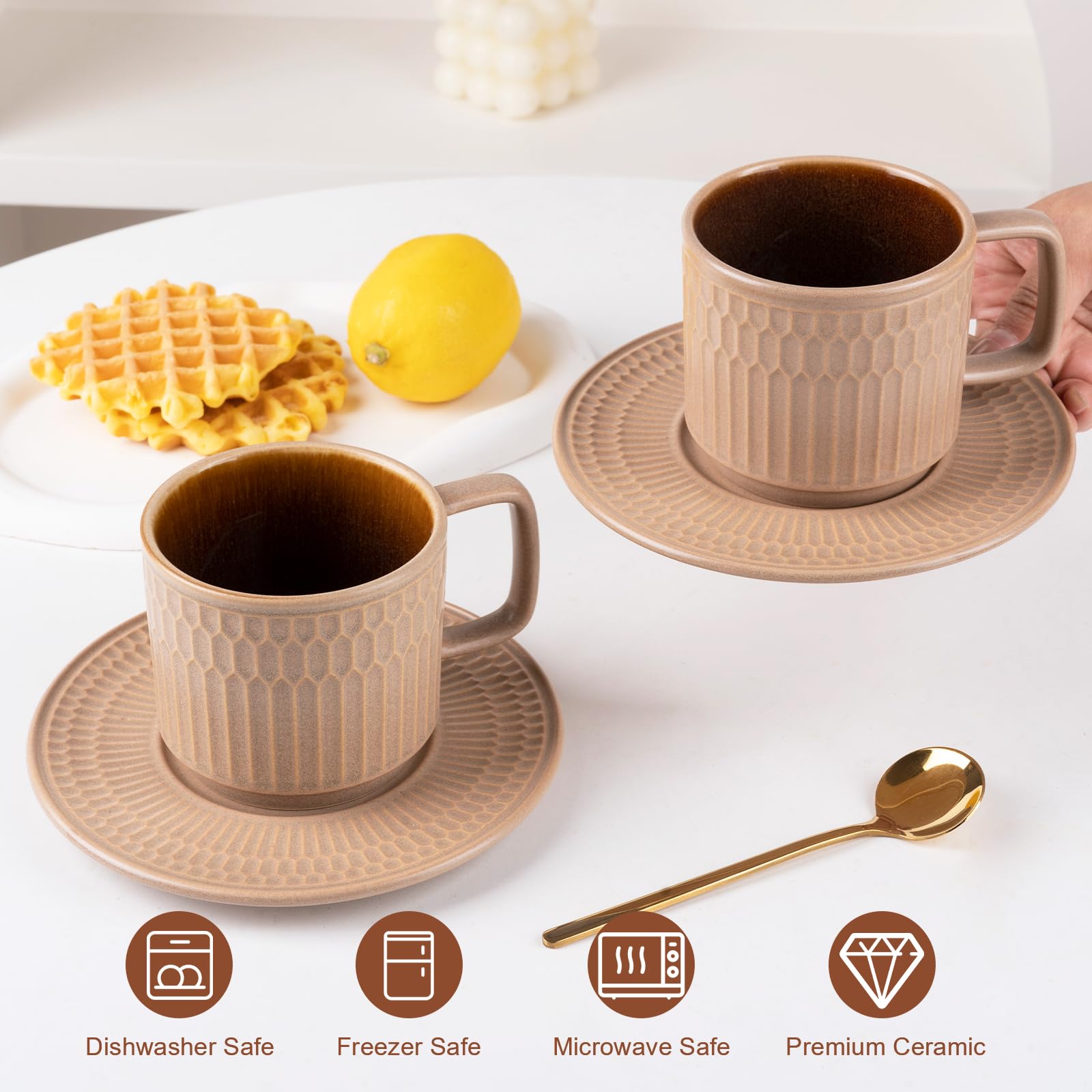 WHITEPEONY 8oz Cappuccino Cups with Saucers Set of 4, 8 Ounce Stackable Embossed Ceramic Coffee Mugs for Specialty Coffee Drinks, Latte Mugs, Cafe Mocha and Tea, Dishwasher & Microwave Safe (Brown)