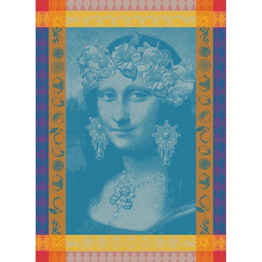 Garnier Thiebaut Mona Lisa Bleu (Mona Lisa Blue) French Kitchen Towel 22"x30", Cotton, Jacquard