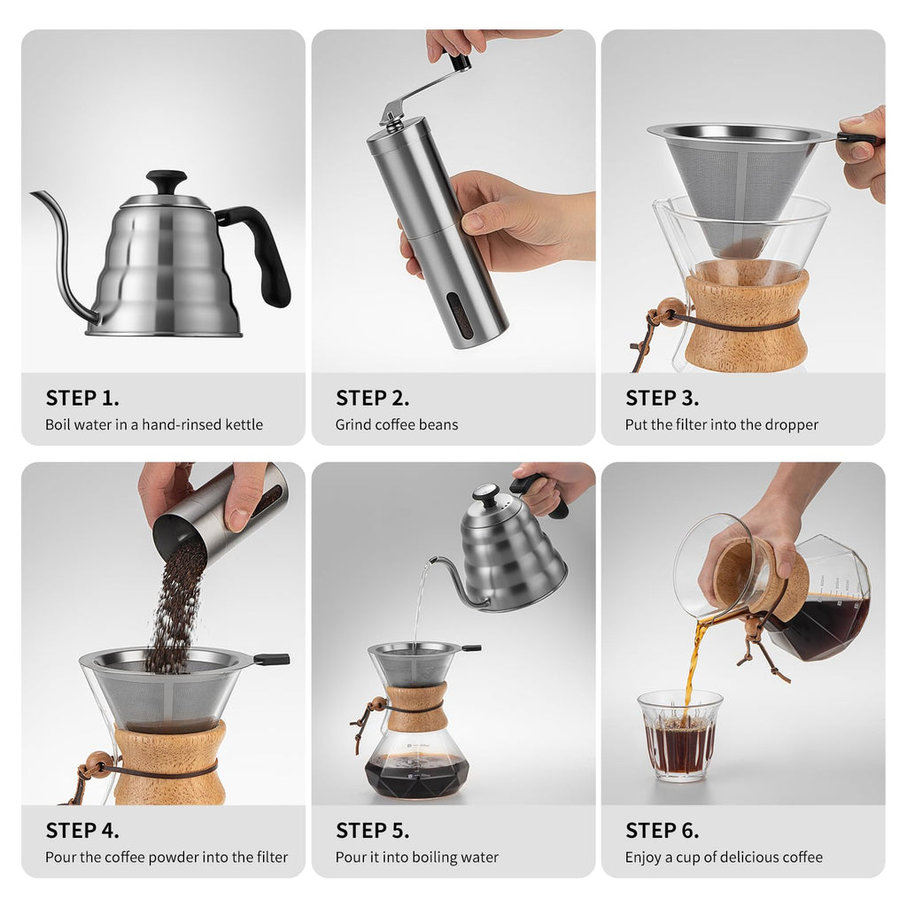 shoxil Pour Over Coffee Maker Set – 40oz Gooseneck Kettle with Thermometer, Coffee Grinder & 20oz Drip Coffee Maker – Stainless Steel Pour Over Coffee Set