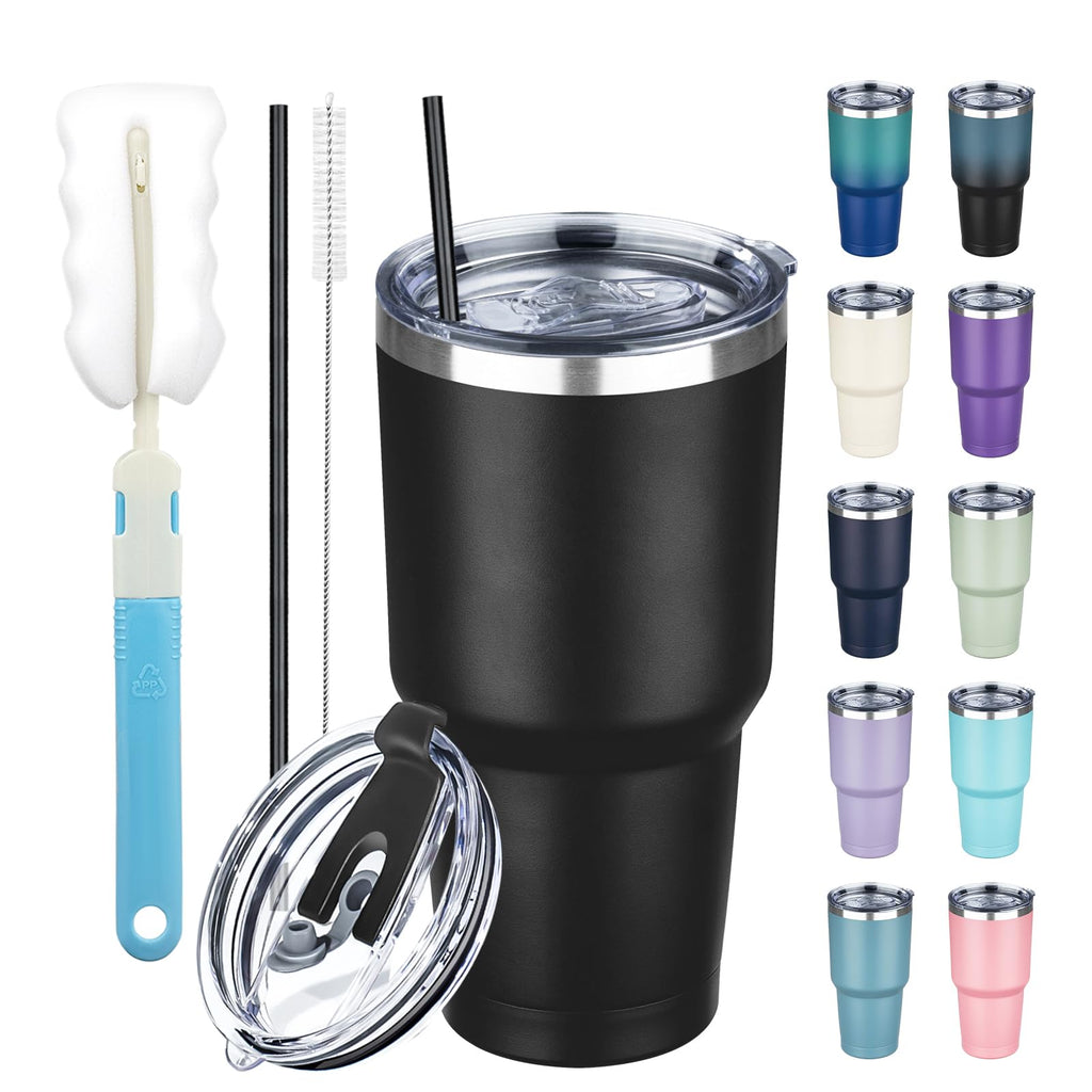 GUDEMAO 30 oz Tumbler with Lids and Straws, Stainless Steel Insulated Coffee Tumbler, Double Wall Vacuum Insulated Travel Mug Cup, Leakproof Thermal Coffee Cup for Hot and Cold Drinks (Black)