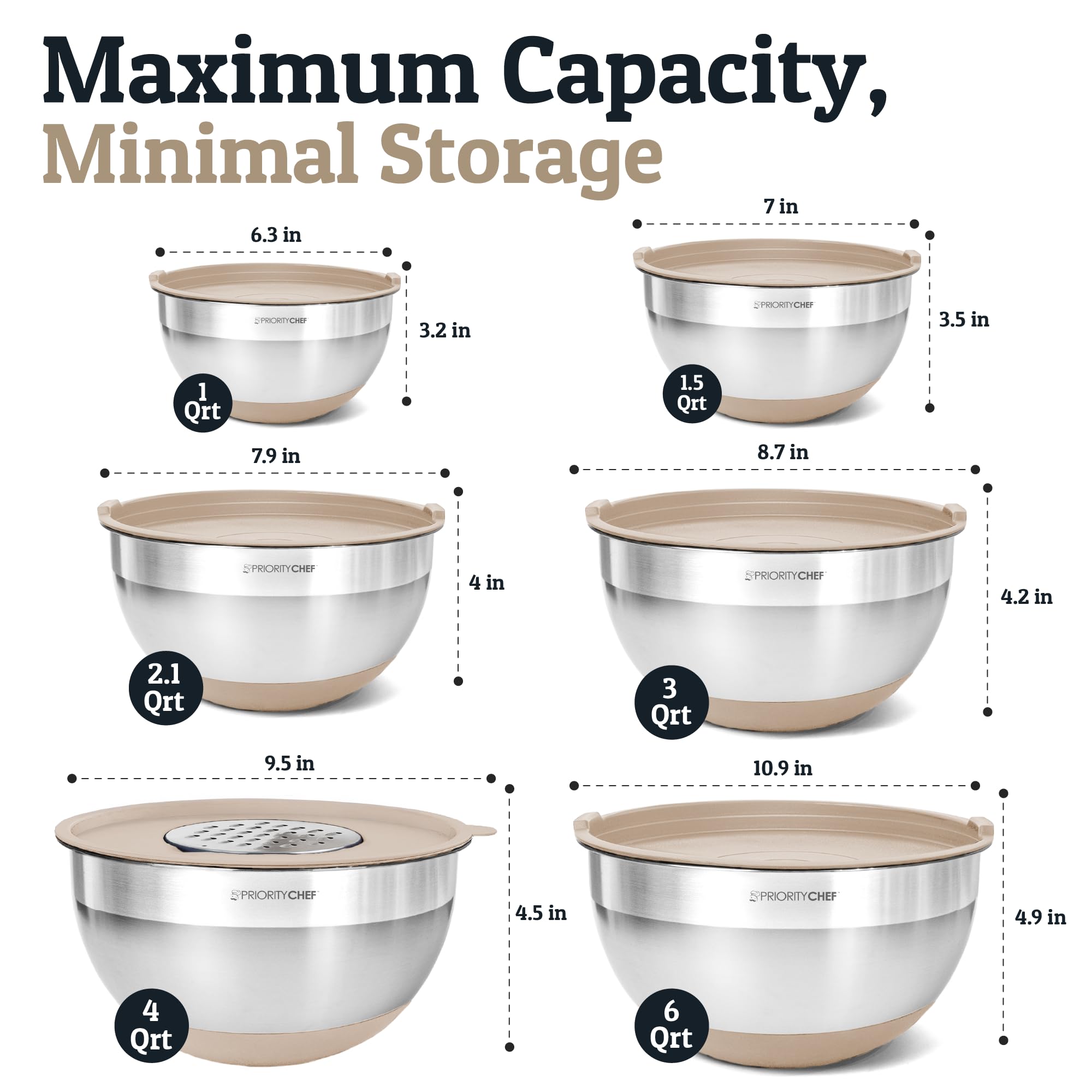 Priority Chef 6pc Stainless Steel Mixing Bowls with Lids Set, 7 Qt, Khaki