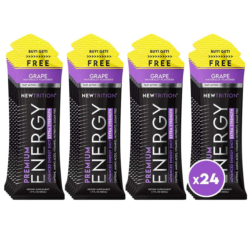 NewTrition® Extra Strength Energy Shots, 1.7 fl oz - 250mg Caffeine with Vitamin B & Amino Acids, Sugar-Free, Zero Calorie Vitamin Energy Drink for Focus & Endurance (Pack of 24, Grape)