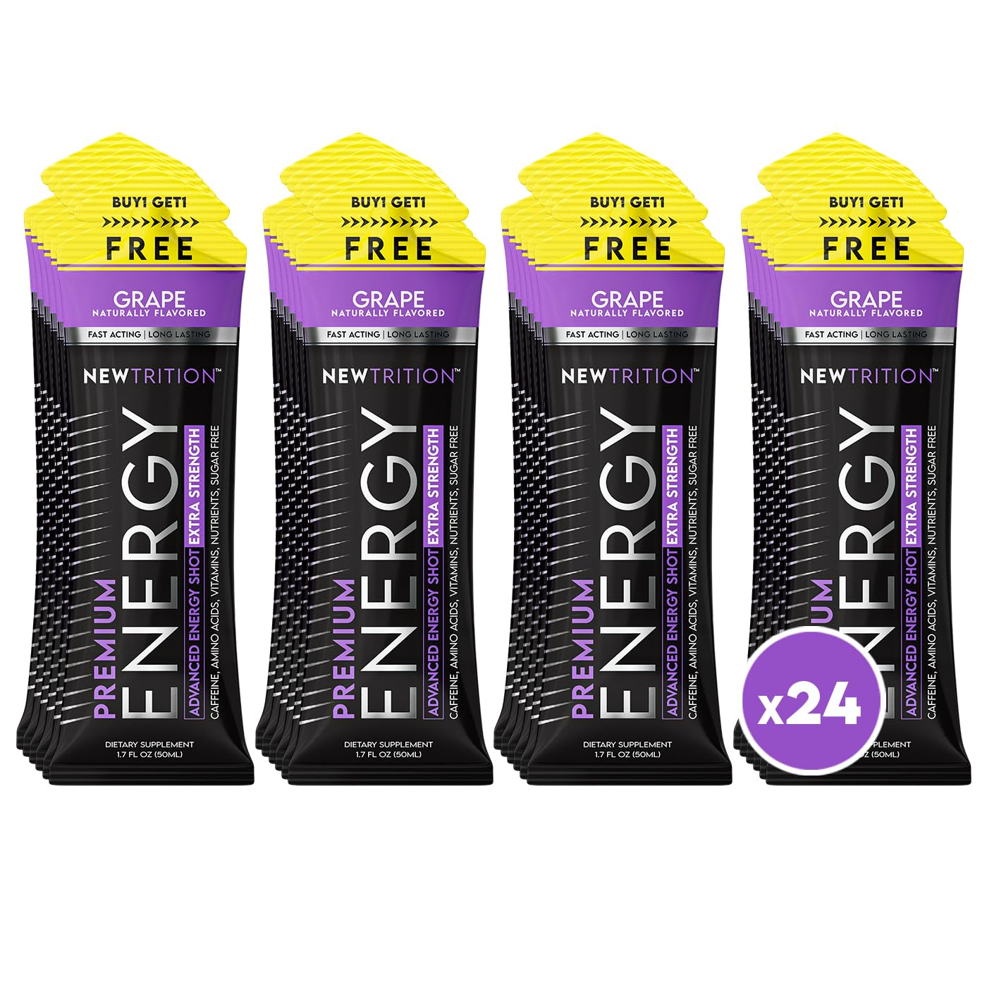 NewTrition® Extra Strength Energy Shots, 1.7 fl oz - 250mg Caffeine with Vitamin B & Amino Acids, Sugar-Free, Zero Calorie Vitamin Energy Drink for Focus & Endurance (Pack of 24, Grape)