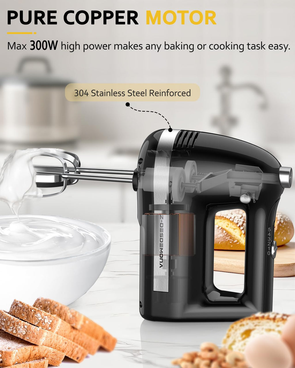 Z-DESDEMONA Electric Hand Mixer, Powerful Hand Mixer Electric Handheld with 304 Beaters, Dough Hook, Whisk, Hand Held Mixer with Turbo for Baking Cakes, Eggs, Cream Food(Black)