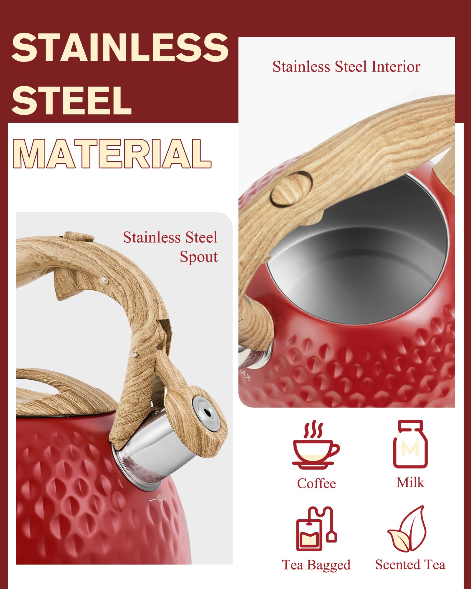 Tea Kettle,2.5 Quart Stovetop Tea Kettles Loud Whistle,Food Grade Stainless Steel Water kettles for Stove Top with Anti-hot Ergonomic Handle,Suitable for All Heat Sources