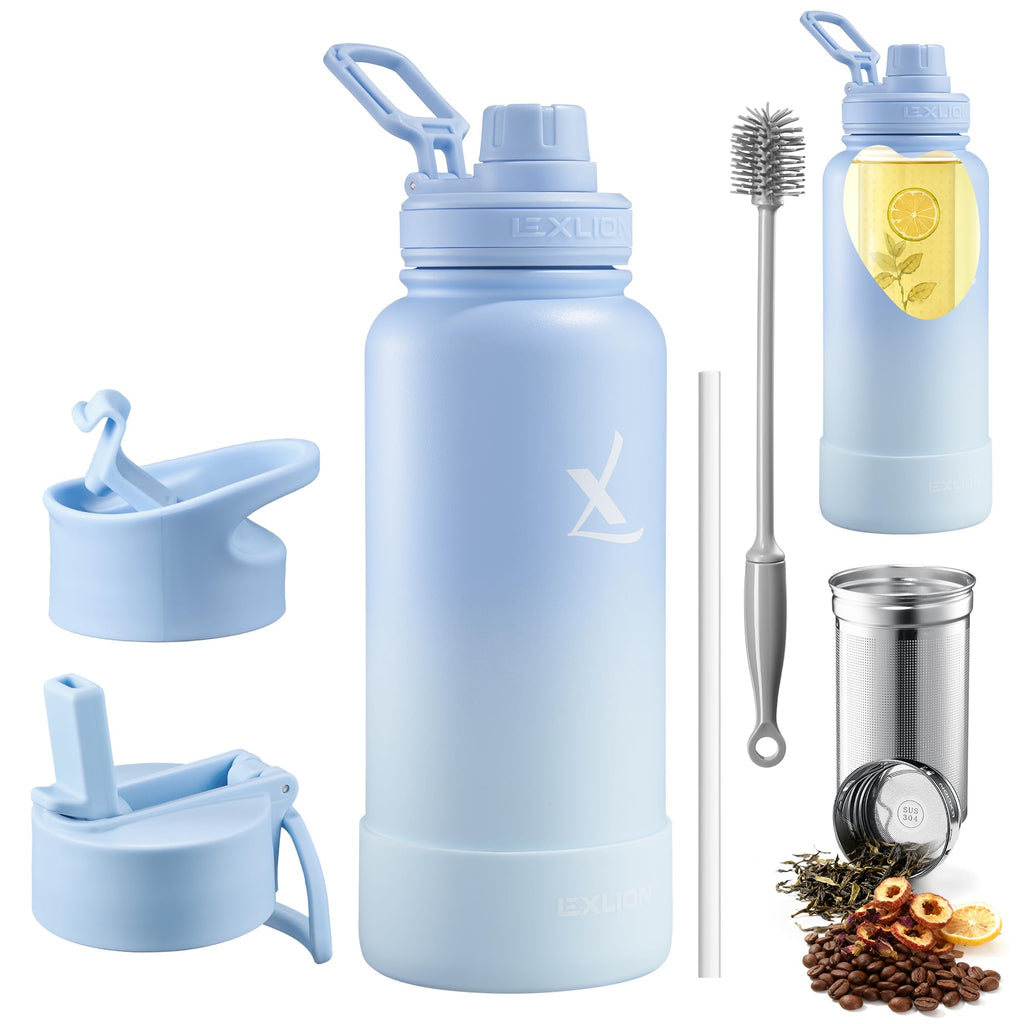 Lexlion Tea Infuser Water Bottle 32 Oz – Triple Wall Insulated Stainless Steel, Loose Leaf & Fruit Strainer, 3 Leakproof Lids, BPA-Free Silicone Sleeve, Reusable Thermal Mug