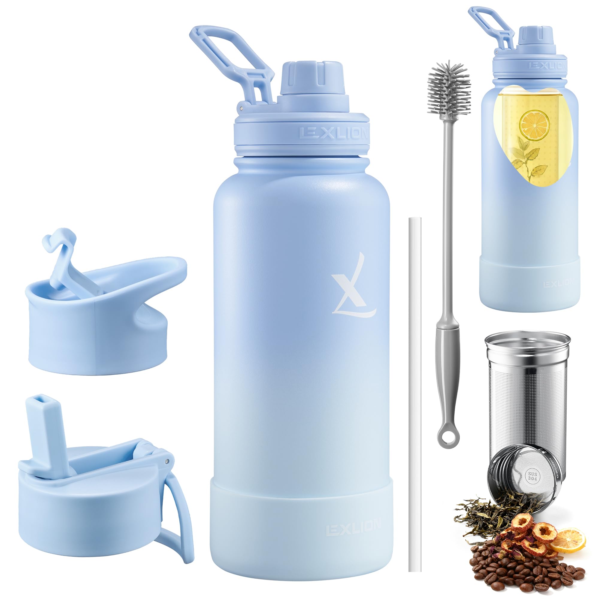 Lexlion Tea Infuser Water Bottle 32 Oz – Triple Wall Insulated Stainless Steel, Loose Leaf & Fruit Strainer, 3 Leakproof Lids, BPA-Free Silicone Sleeve, Reusable Thermal Mug