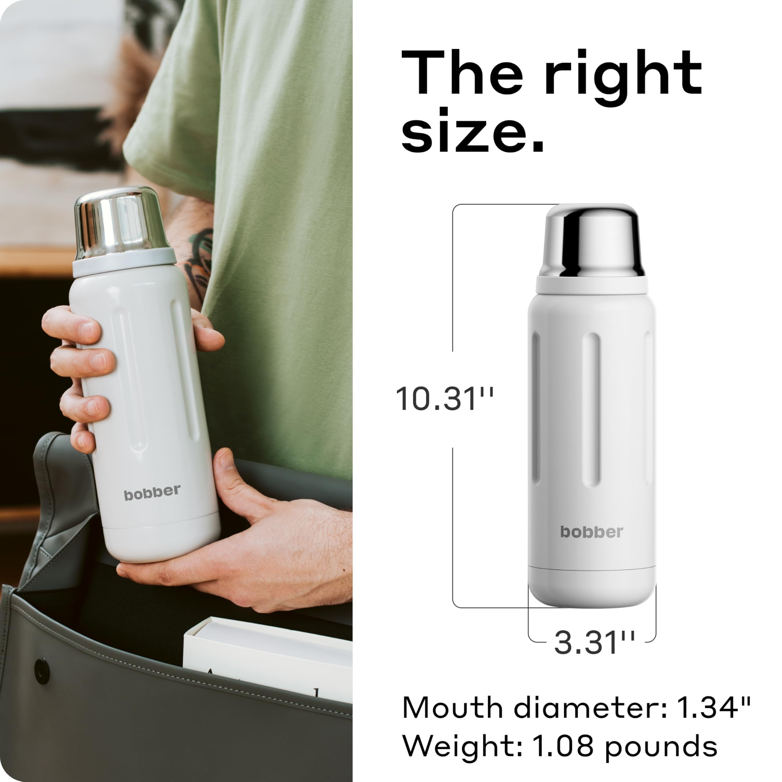 BOBBER 26 oz Stainless Steel Travel Thermo Bottle for Hot Drinks – Dishwasher Safe Metal Water Bottle with Cup Lid for Men, Hiking – Keeps Hot for 36 Hours – BPA-Free, Vacuum Insulated (Iced Water)
