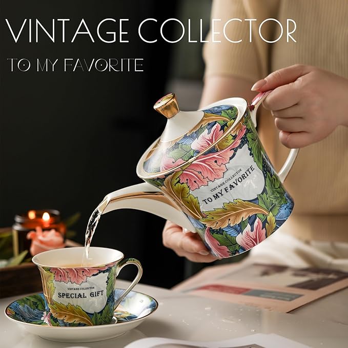 ACMLIFE Tea Cup and Saucer Set for 1, Vintage Floral Bone China Tea Cup Set with Saucer 24K Gold, Porcelain Tea Cup with Spoon and Gift Box, 6.8 oz (Green)