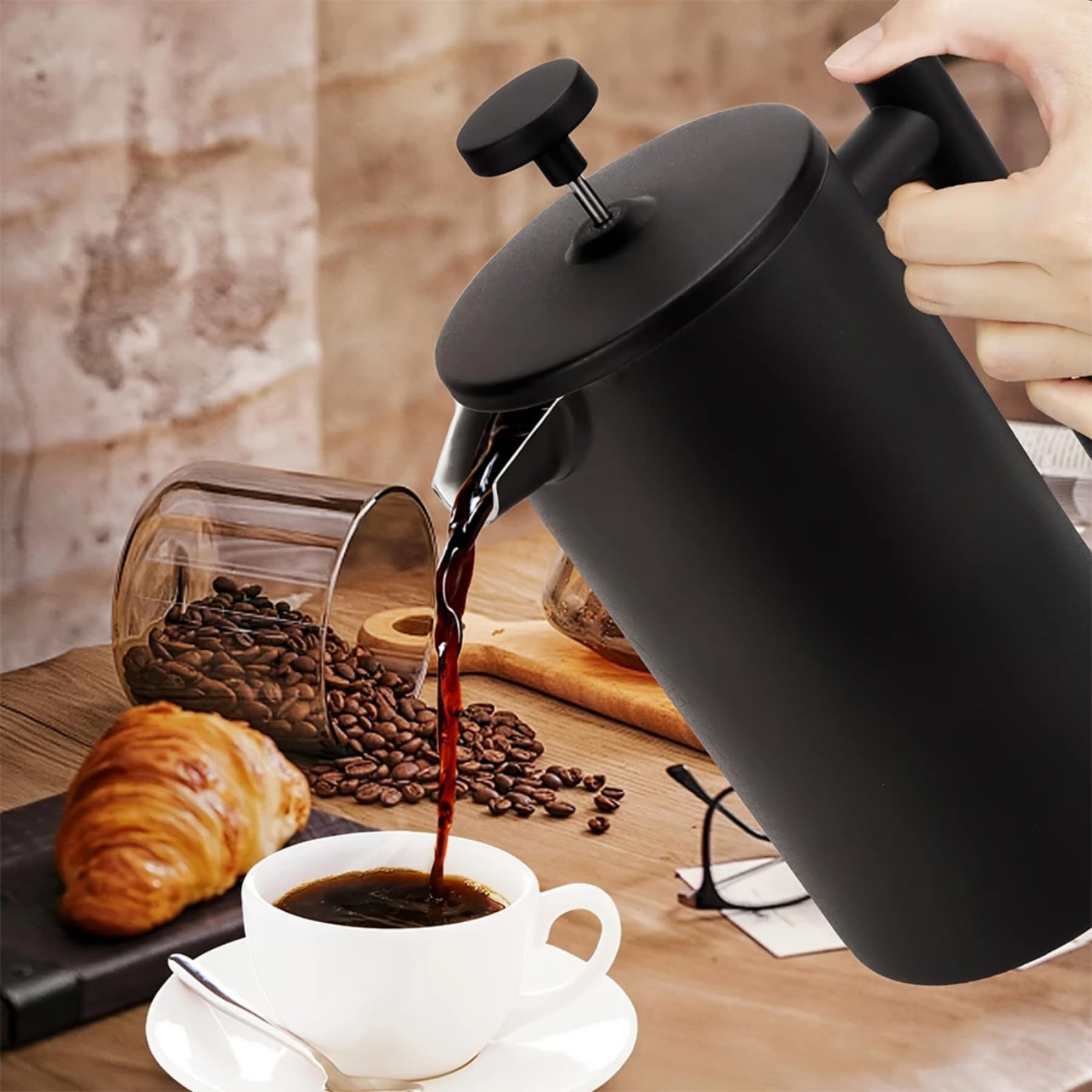 Coffito French Press Coffee Maker,Stainless Steel Double Wall Insulated Coffee Press 34 oz,4-8 Cups, Portable Hot Cold Brew Teapot Cafetera for Coffee Bar Accessories Kitchen Camping (Black,34oz)