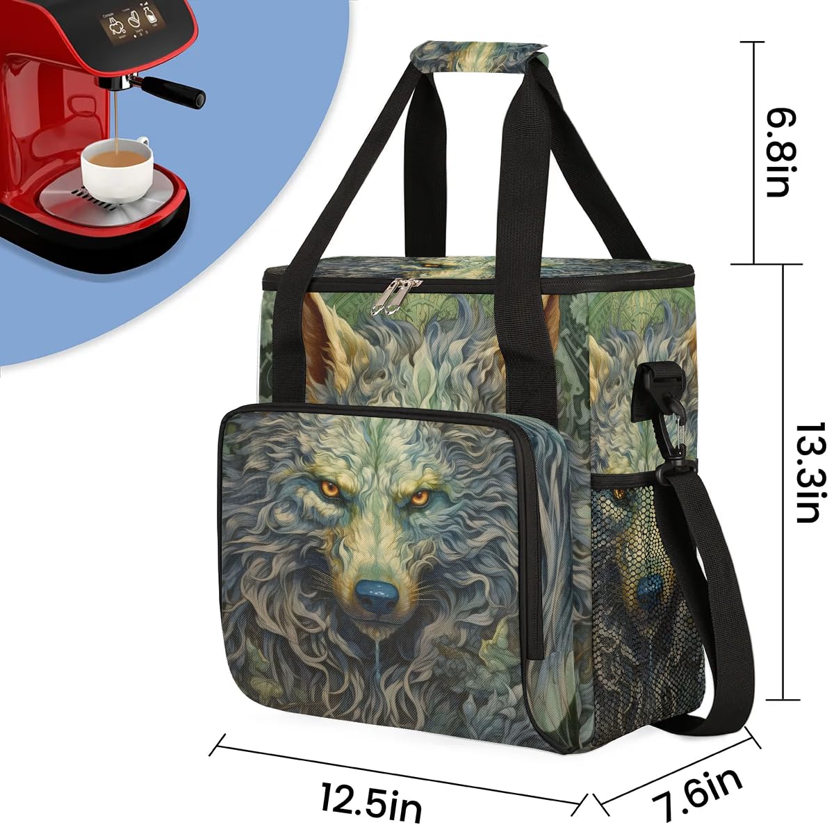 CFERSAN wolf animal vintage Coffee Maker Carring Bag Travel Carrying Storage Tote Bag Compatible with Keurig K-Mini or K-Mini Plus Portable Single Serve Coffee Brewer Case with Pockets for K-cup Pods