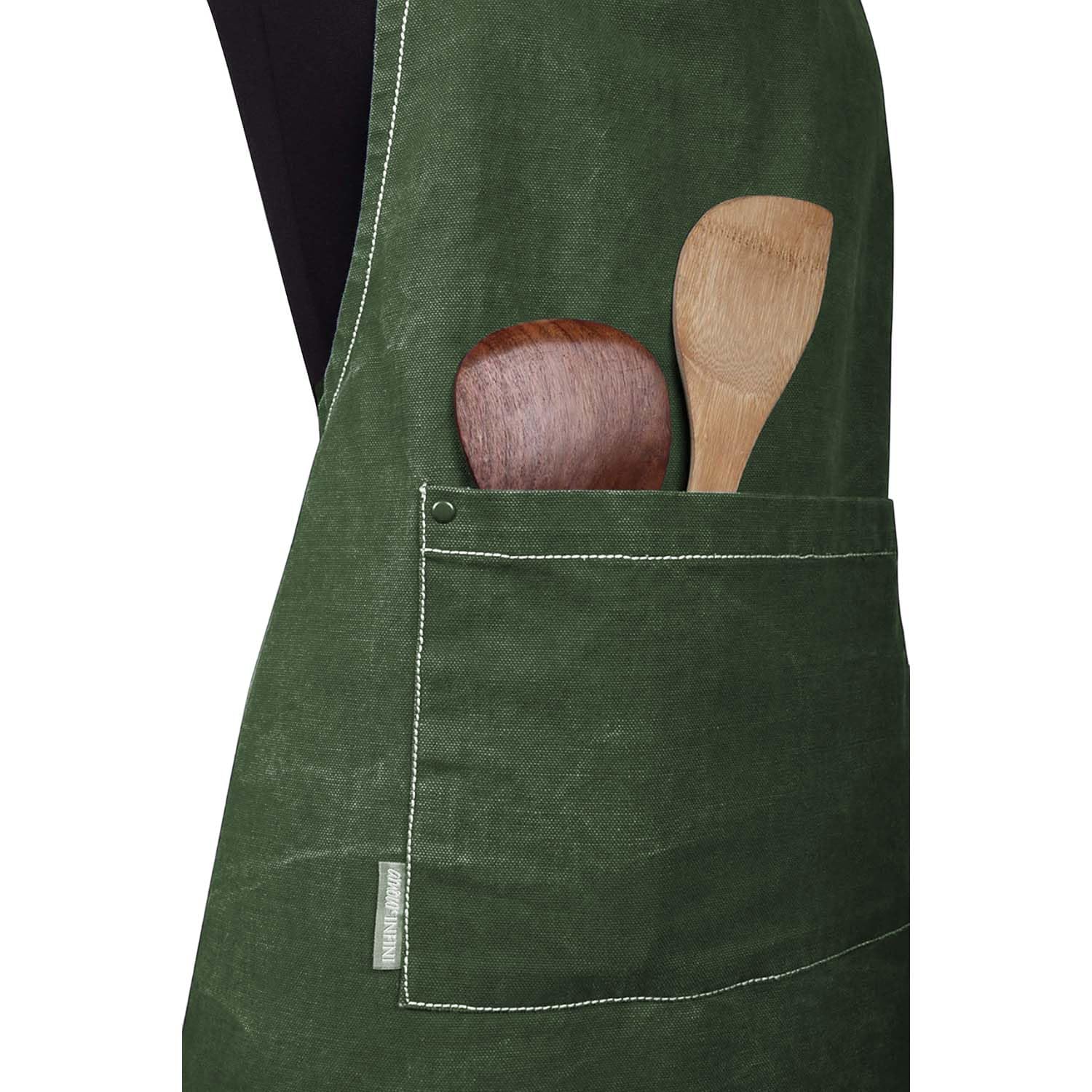 AMOUR INFINI Cotton Solid Aprons for Women with Pocket, Adjustable Strap and Waist Ties Washed Chef Aprons for Cooking, Baking and Gardening (27.5x33 Inches - Green)
