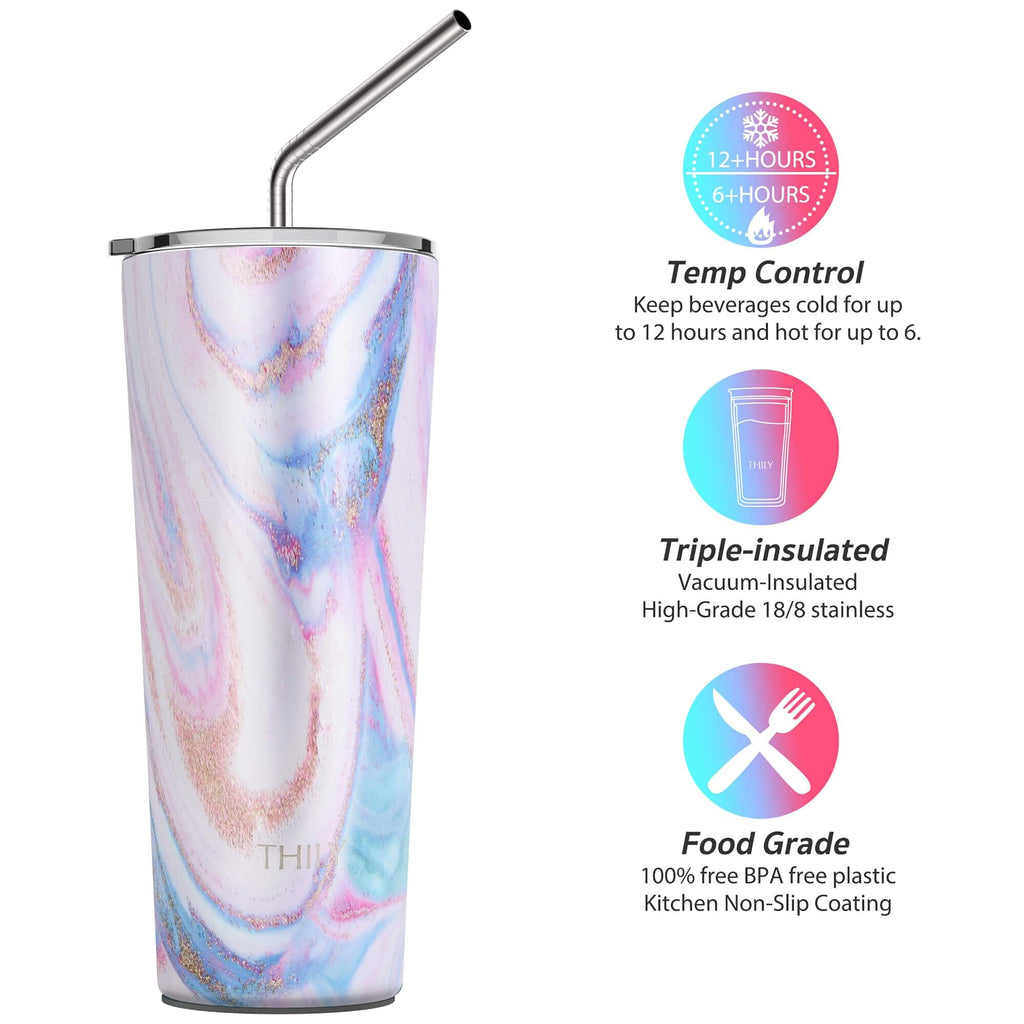 THILY Tumbler Stainless Steel Coffee Cup 26 oz Triple-Insulated Travel Mug with Splash-Proof Lid, for Ice Drinks and Hot Beverage Smoothies Cup, Pink Ripple