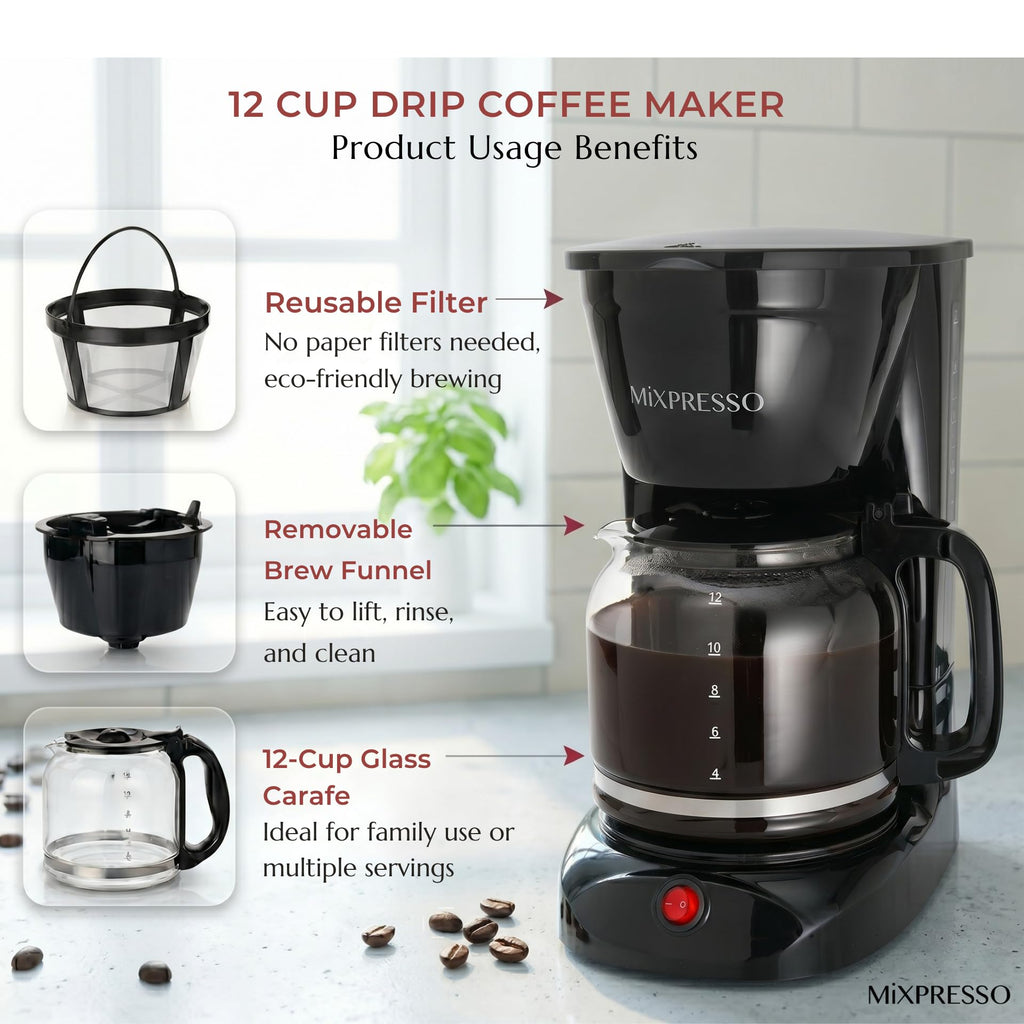Mixpresso 12 Cup Drip Coffee Maker, Coffee Pot with Reusable Filter, Black