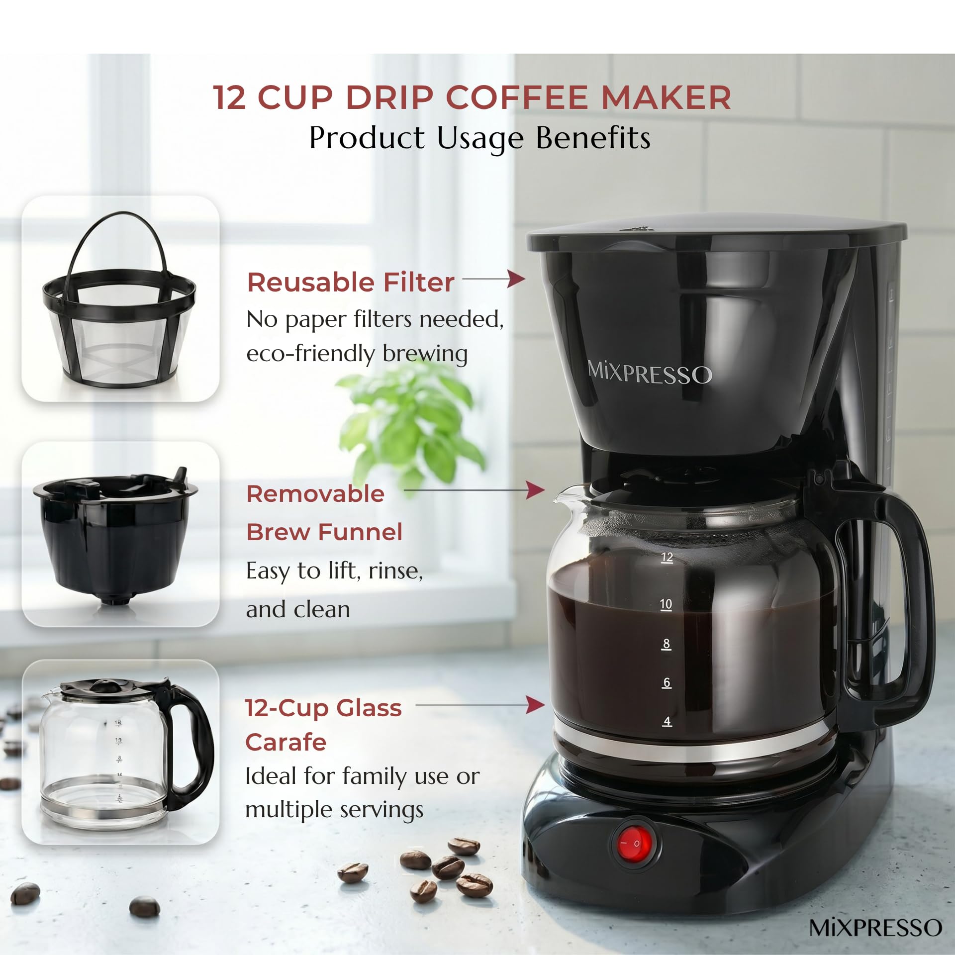 Mixpresso 12 Cup Drip Coffee Maker, Coffee Pot with Reusable Filter, Black