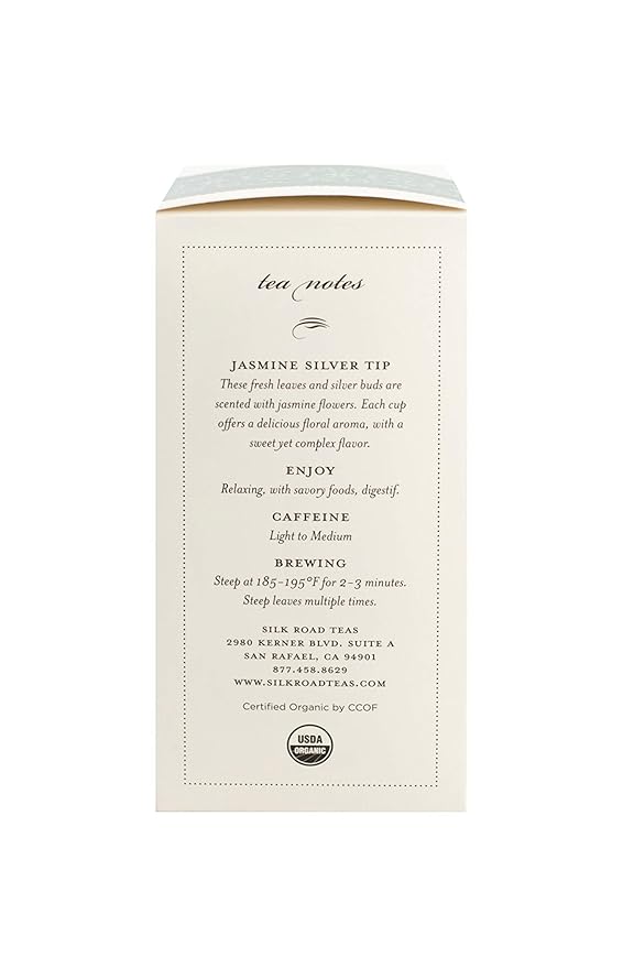 Silk Road Teas, Organic Jasmine Silver Tip Green Tea, Floral Aroma, Invigorating & Savory Flavors, 15 Tea Bags