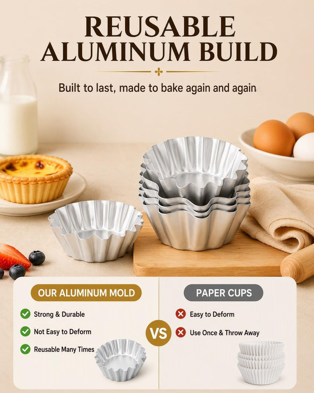 Kichvoe 6Pcs Tart Molds, Aluminum Mini Flan Molds 2.75x3x1.18inch