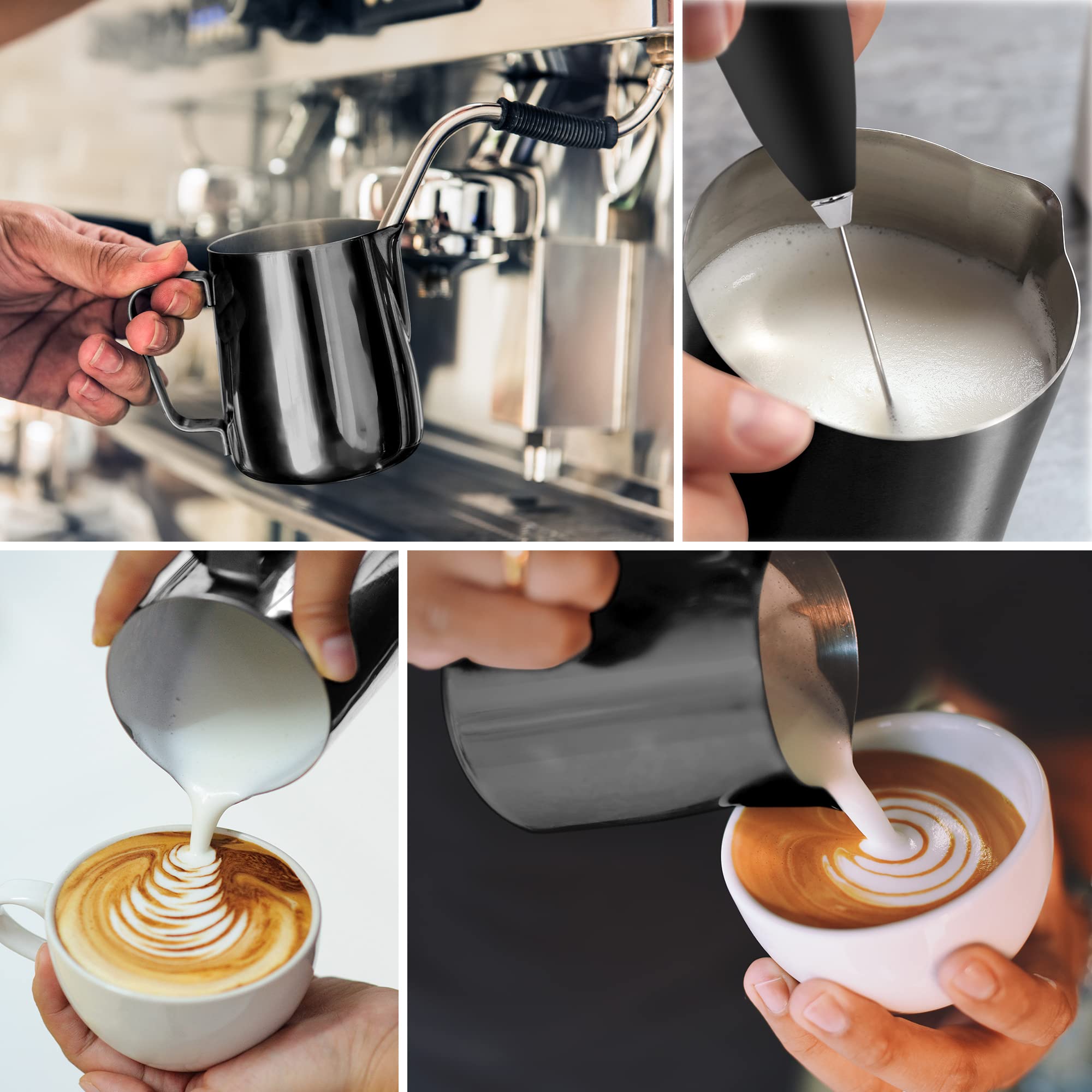 Zulay Milk Frother Cup 350ml/600ml/950ml (12oz/20oz/32oz) - Stainless Steel Frothing Pitcher With Laser-Welded Handle & Precise Measurement Markings - Black - 12oz