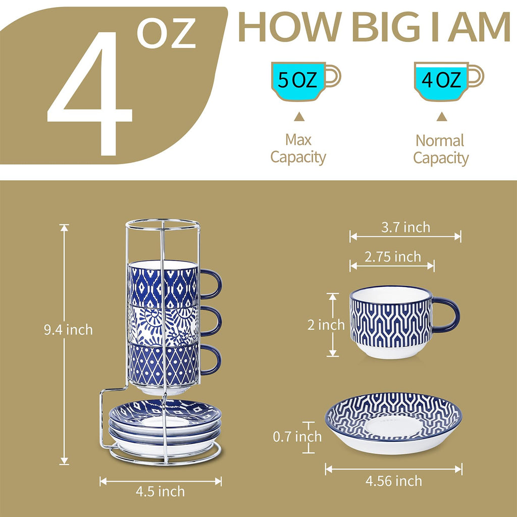 Selamica Ceramic Espresso Cups with Saucers and Metal Stand, 4 OZ Stackable Cappuccino Cups, Demitasse Cups for Latte Coffee Café Mocha Tea, Set of 4, Vintage Blue