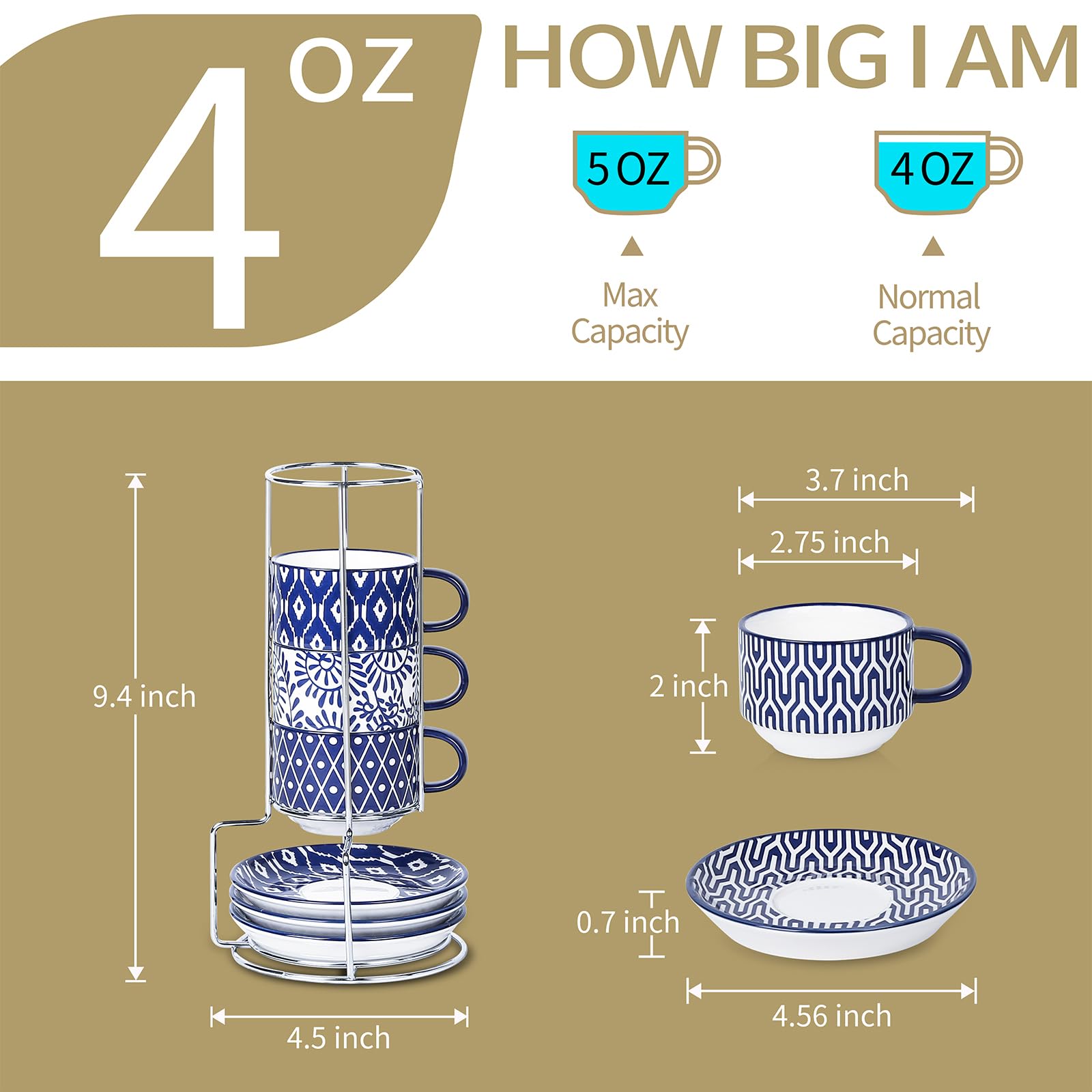 Selamica Ceramic Espresso Cups with Saucers and Metal Stand, 4 OZ Stackable Cappuccino Cups, Demitasse Cups for Latte Coffee Café Mocha Tea, Set of 4, Vintage Blue