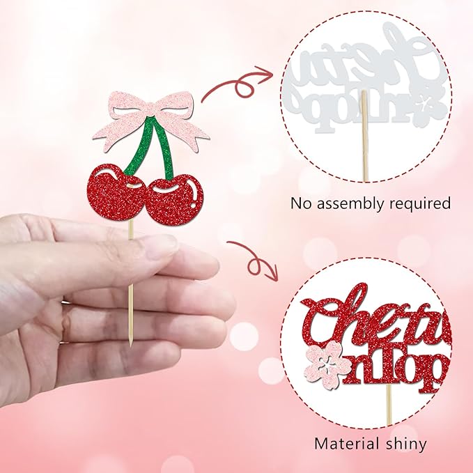 24 Pack She's the Cherry On Top Cupcake Toppers, Glitter Cherry Sweet Cake Pick for Fruits Theme Baby Shower and Bridal Shower Decorations Supplies (Top)