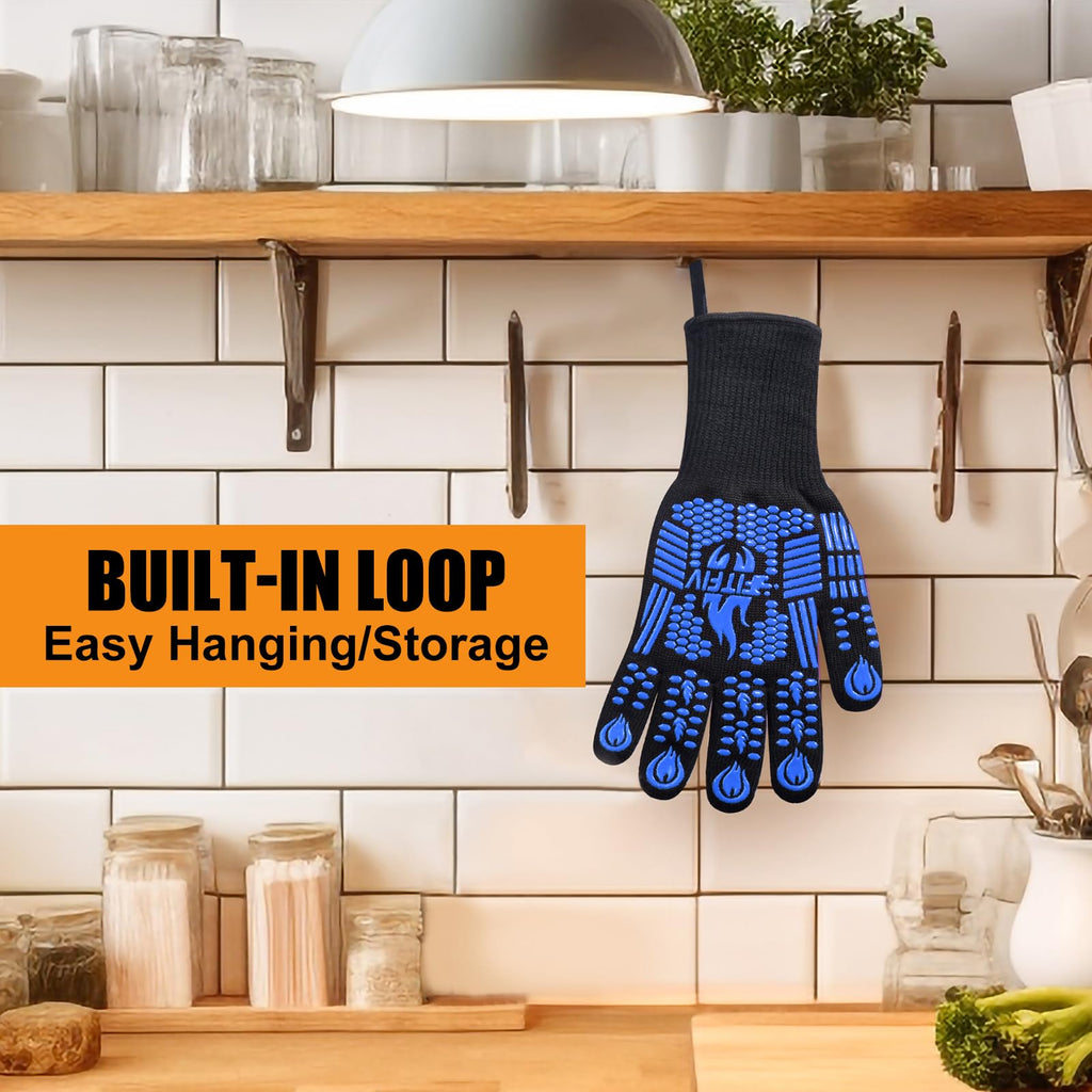 FITFIV BBQ Gloves, Oven Gloves, 1472°F Extreme Heat Resistant Barbecue Gloves, Silicone Non-Slip Oven Mitts, Kitchen for Cooking, Grilling, and Baking