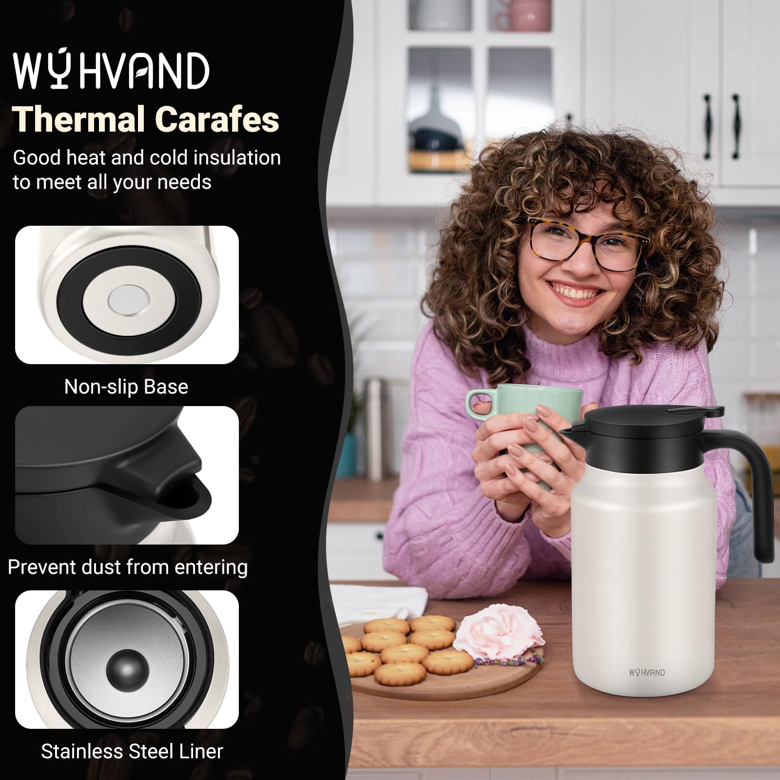 WYHVAND Insulated Coffee Carafe, 51 oz, Keeps Hot for 12H, Cream