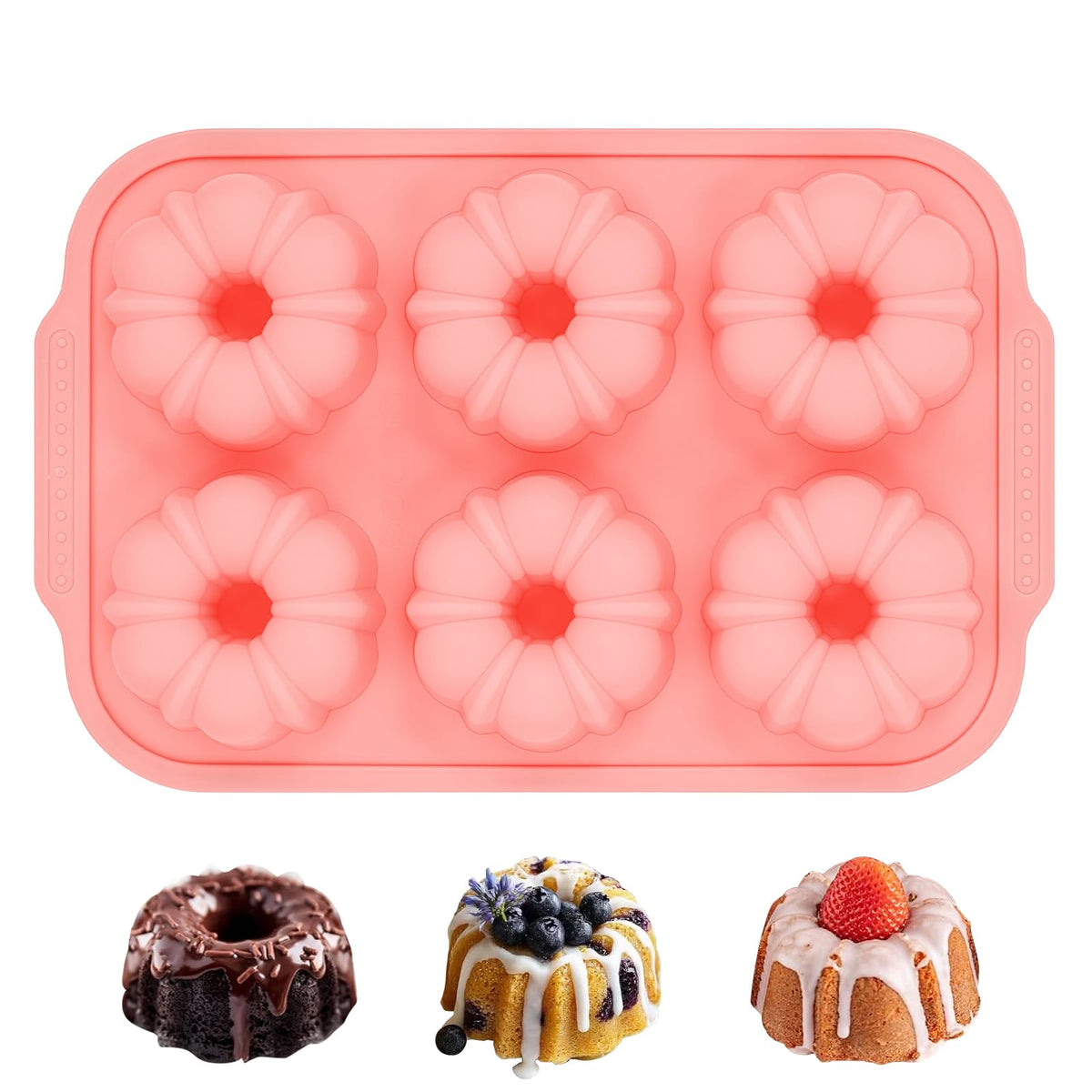 FUNBAKY Mini Fluted Tube Cake Pans for Baking with Metal Reinforced Frame, 2Pcs Silicone 6-Cavity Mini Flan Molds, Nonstick Baking Mold for Cupcake, Brownie, Donuts, Cornbread, Jello