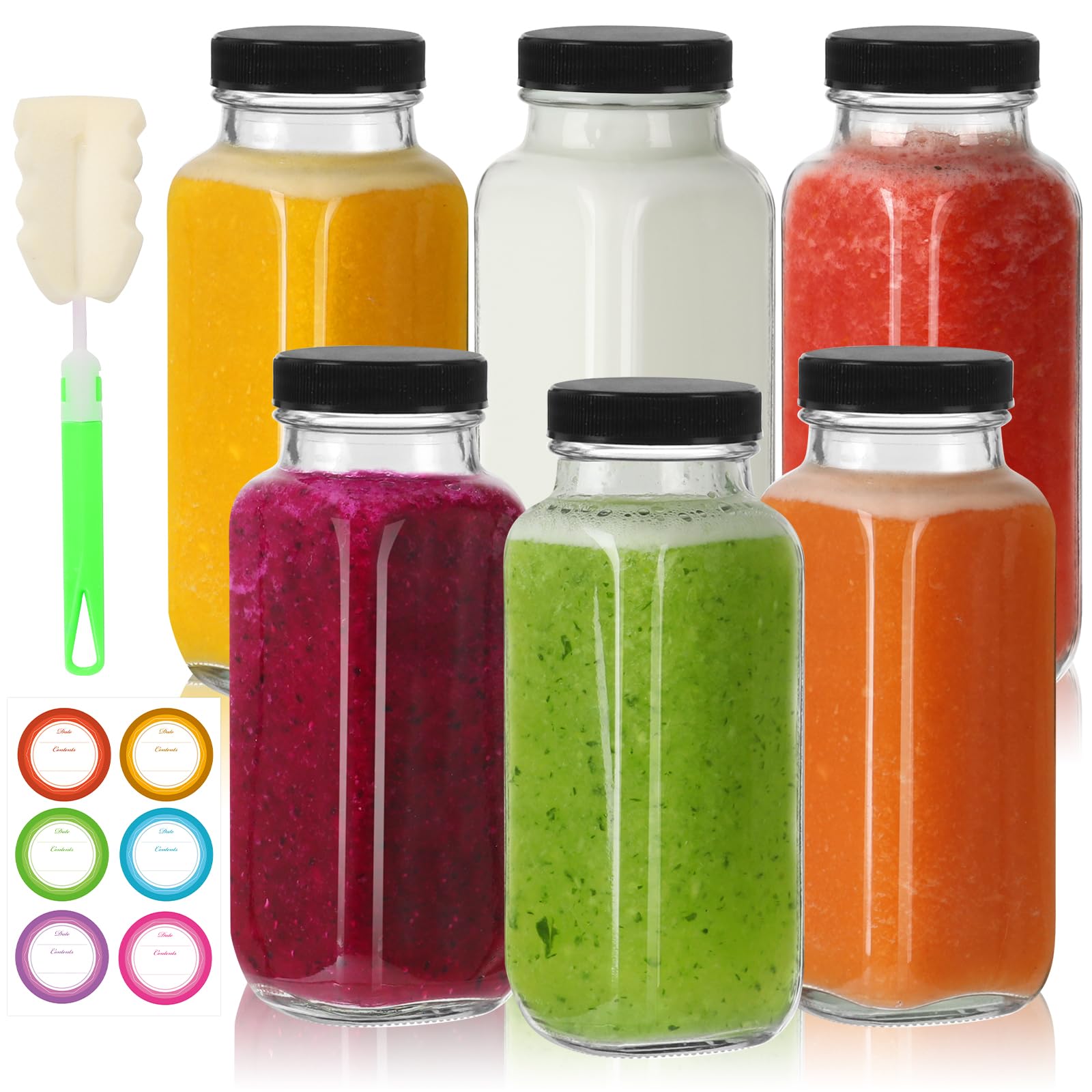 8 oz Glass Juice Bottles with Lids 6 Pack,Reusable Glass Drink Bottles