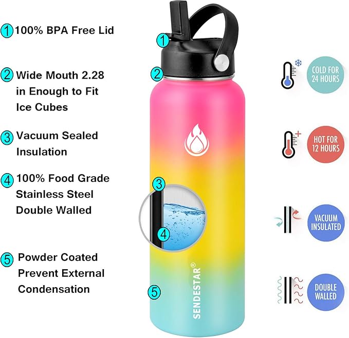 SENDESTAR Water Bottle 32oz Double Wall Vacuum Insulated Leak Proof Stainless Steel Sports Water Bottle—Wide Mouth with New Flex Straw Lid & Spout Lid (Sobert)