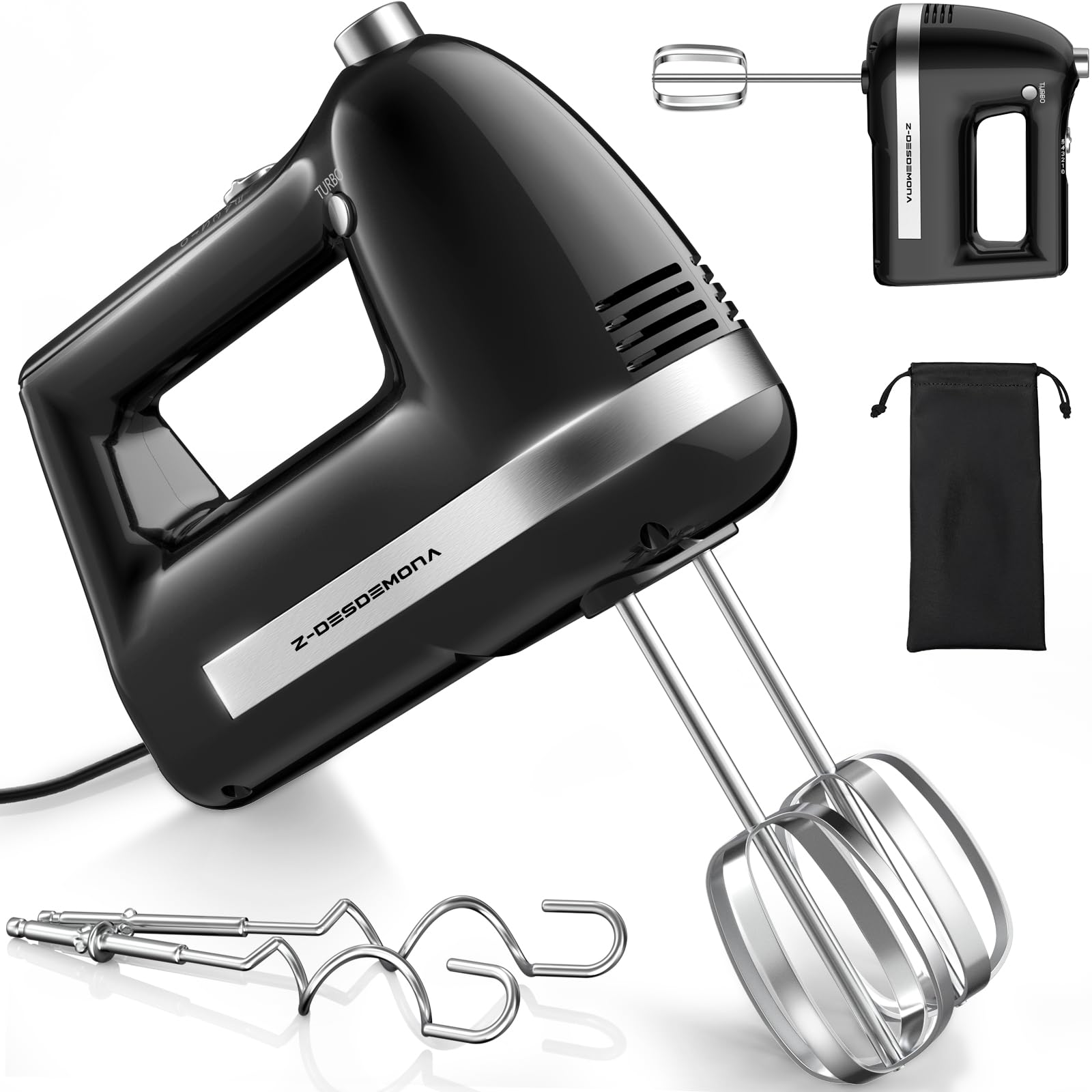 Z-DESDEMONA Electric Hand Mixer, Powerful Hand Mixer Electric Handheld with 304 Beaters, Dough Hook, Whisk, Hand Held Mixer with Turbo for Baking Cakes, Eggs, Cream Food(Black)