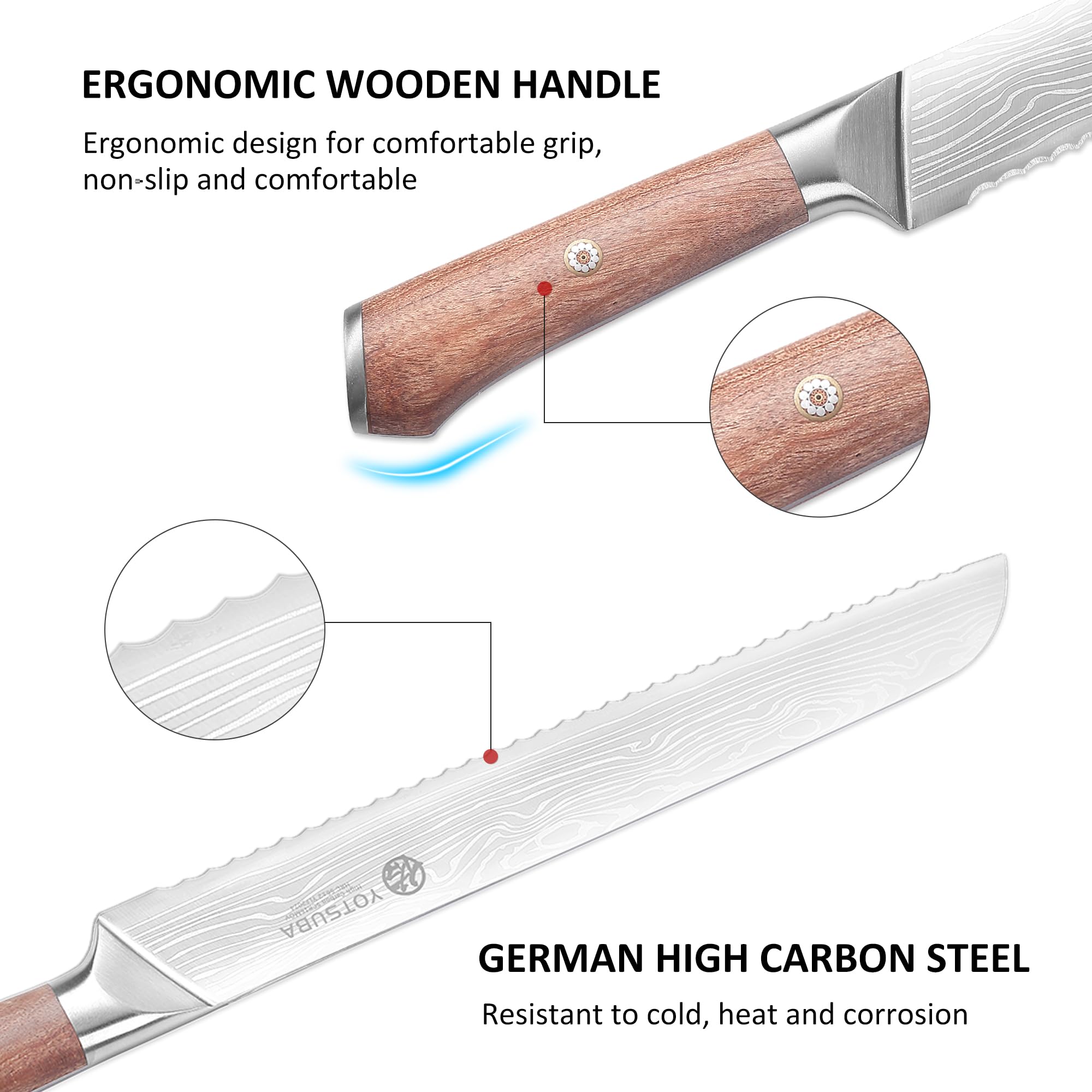 YOTSUBA 10 Inch Japanese Style Premium Natural Rosewood Bread Knife