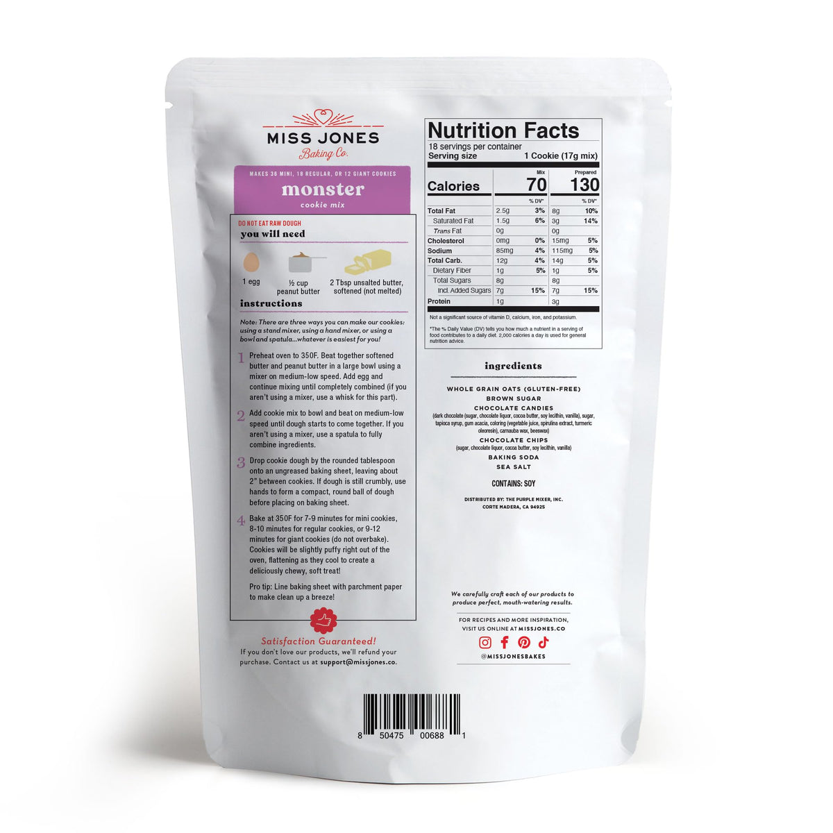 Miss Jones Baking Gluten-Free Monster Cookie Mix - Certified Gluten Free & Made with 100% Oats, Easy To Bake Desserts & Treats, Artificial Colors, 10.57 Ounce (Pack of 6)